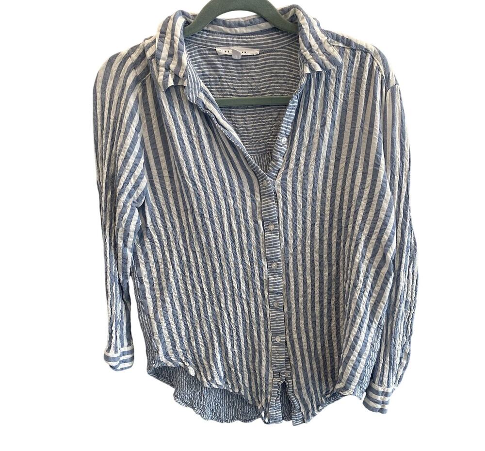 Jane & Delancey Shirt Small Blue & White Stretchy Coastal Preppy Old Money Top